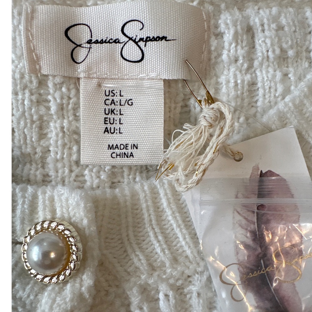 Jessica Simpson Womens Cream White Textured Knit Cropped Pearl Button Cardigan L - Picture 4 of 8